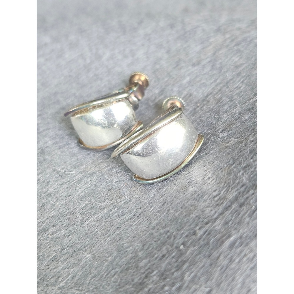 Vintage Silver Tone J Hoop Screw Back Clip On Earrings Minimalist Classic